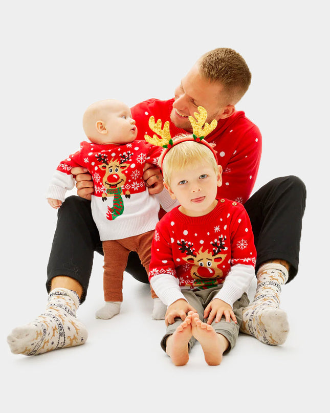Organic Cotton Christmas Sweater for Kids with Reindeer and Scarf