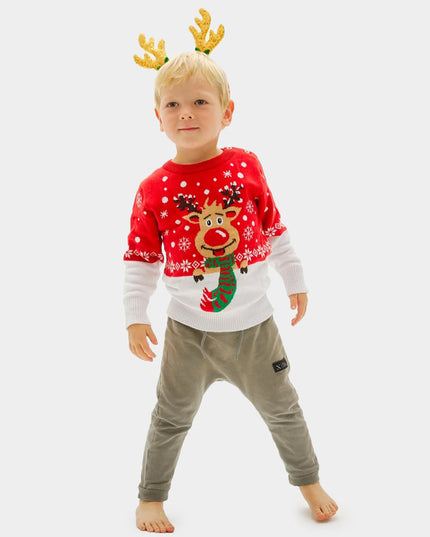 Organic Cotton Christmas Sweater for Kids with Reindeer and Scarf