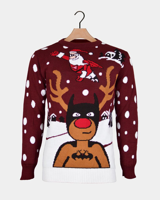 Batman, Santa, and Superman Reindeer Christmas Sweater for Men