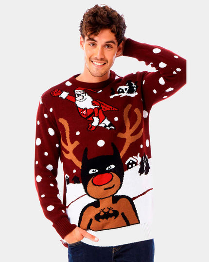 Batman, Santa, and Superman Reindeer Christmas Sweater for Men