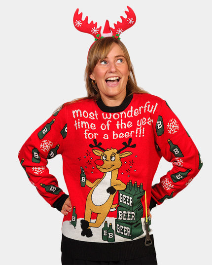 Women's Christmas Sweater with Reindeer and Beer Opener