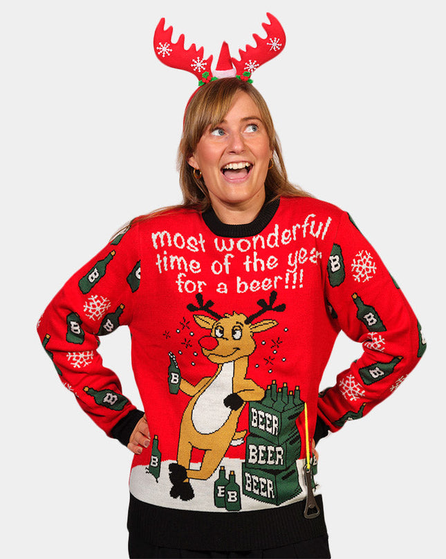 Women's Christmas Sweater with Reindeer and Beer Opener