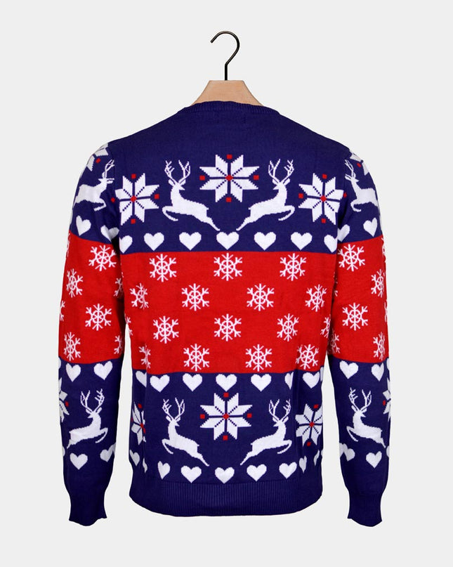 Blue and Red Christmas Sweater for Men with Reindeer and Hearts