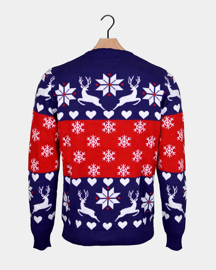 Women's Blue and Red Reindeer Hearts Christmas Sweater