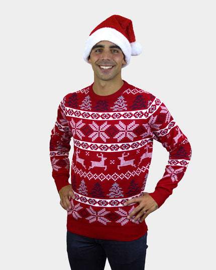 Men's Classic Red Christmas Sweater with Polar Stars