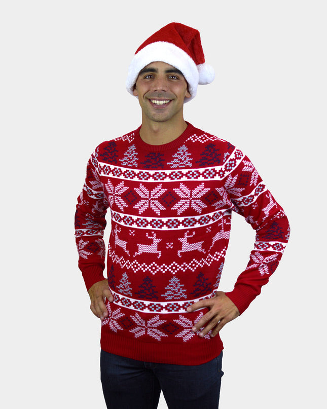 Men's Classic Red Christmas Sweater with Polar Stars