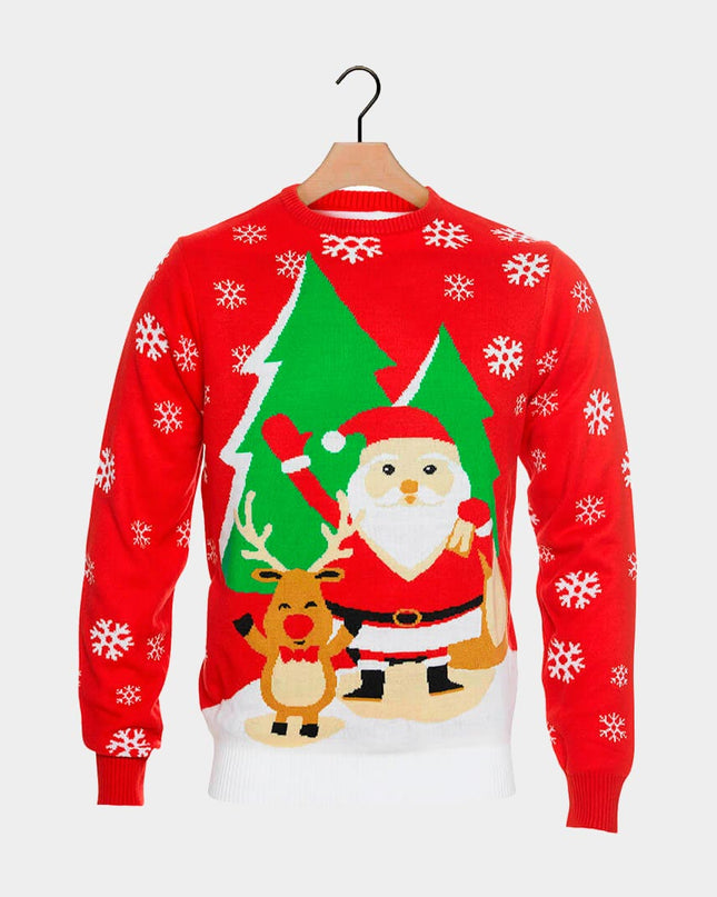 Women's Red Christmas Sweater with Santa and Reindeer