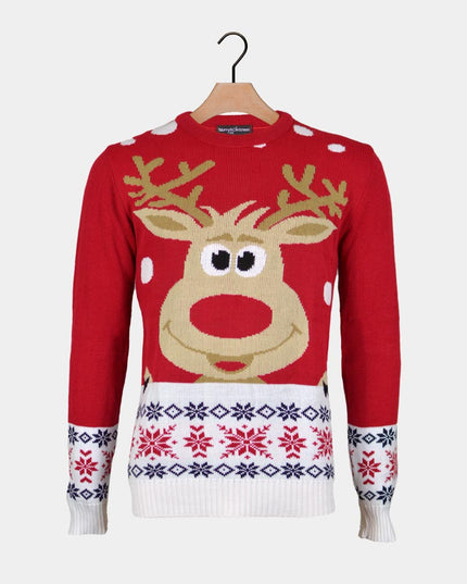 Women's Red Christmas Sweater with Reindeer and Snow