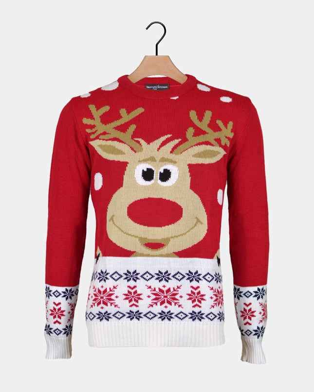 Christmas Sweater for Family with Red Reindeer and Snow