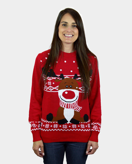 Red Rudolph Reindeer Christmas Sweater with Scarf for Women