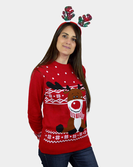 Red Rudolph Reindeer Christmas Sweater with Scarf for Women