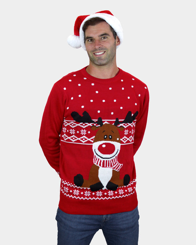 Red Christmas Sweater for Men with Rudolph Scarf