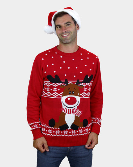 Red Christmas Sweater for Men with Rudolph Scarf