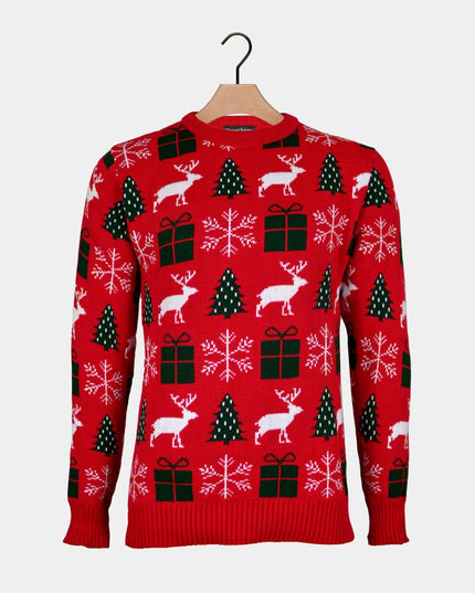 Red Christmas Sweater with Reindeer, Gifts, and Trees