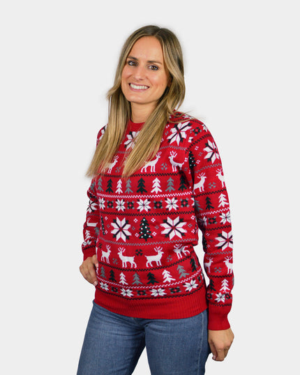 Women's Red Christmas Sweater with Reindeer, Trees, and Stars