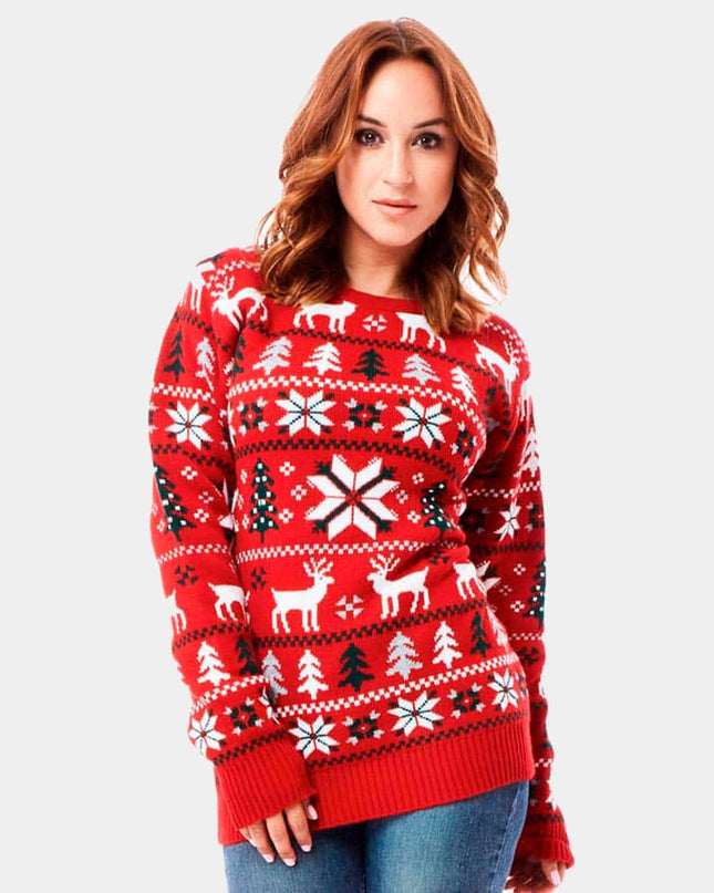 Red Christmas Sweater with Reindeer, Trees, and Polar Stars 2023