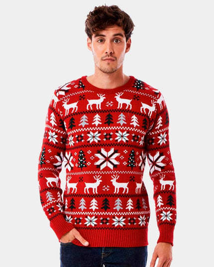 Red Christmas Sweater with Reindeer, Trees, and Polar Stars 2023