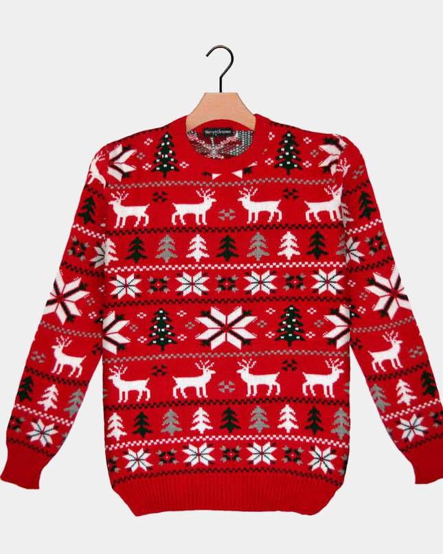 Red Christmas Sweater with Reindeer, Trees, and Polar Stars 2023