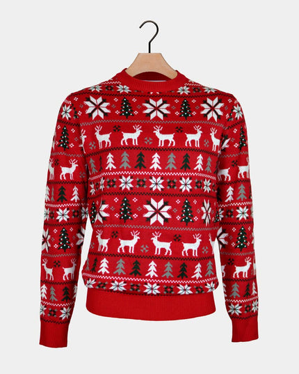 Red Couples Christmas Sweater with Reindeer, Trees, and Polar Stars