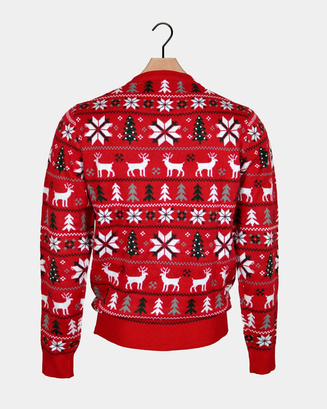 Women's Red Christmas Sweater with Reindeer, Trees, and Stars