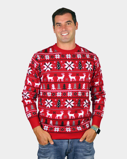 Red Christmas Sweater for Men with Reindeer and Polar Stars