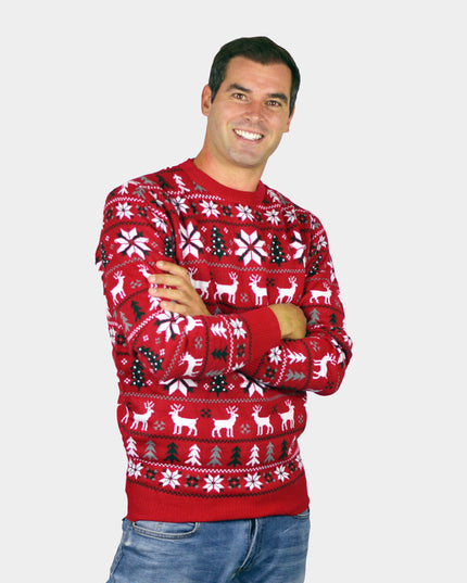 Red Christmas Sweater for Men with Reindeer and Polar Stars