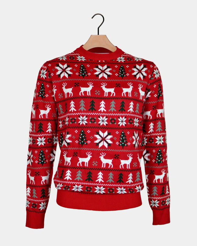 Women's Red Christmas Sweater with Reindeer, Trees, and Stars