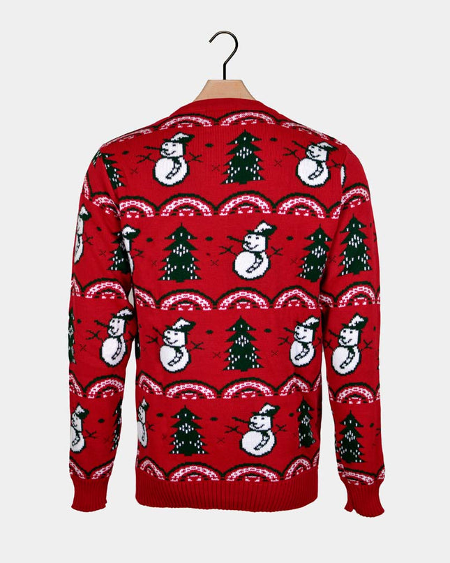 Couple's Christmas Sweater Red with Trees and Snowmen