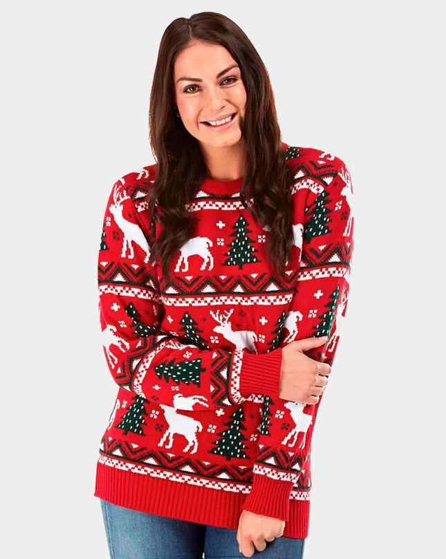Red Christmas Sweater with Trees and Reindeer 2023