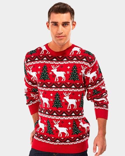 Red Christmas Sweater with Trees and Reindeer 2023