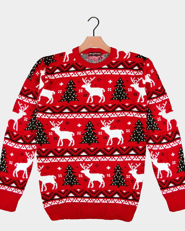 Red Christmas Sweater with Trees and Reindeer 2023