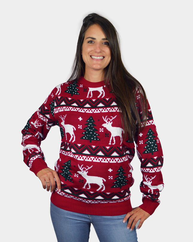 Red Christmas Sweater for Women with Christmas Trees and Reindeer
