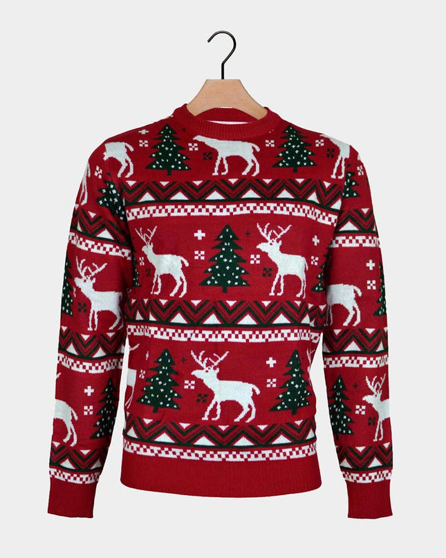 Red Christmas Sweater for Women with Christmas Trees and Reindeer