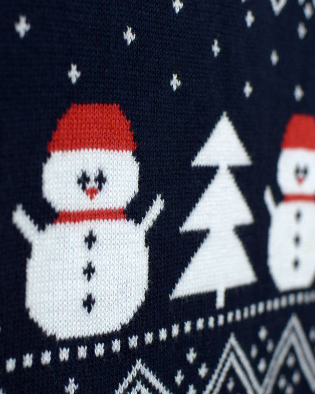 Women's Blue Christmas Sweater with Trees, Snowmen, and Santa