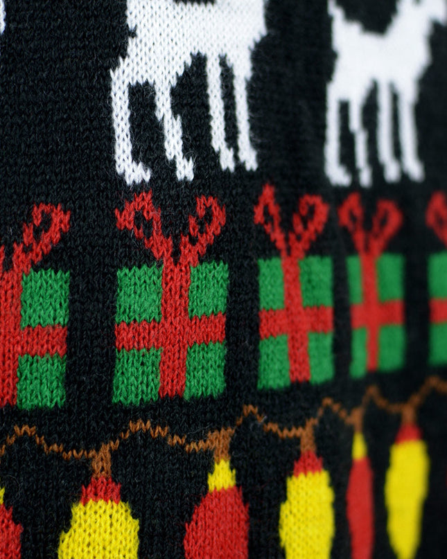 Christmas Sweater for Couples Black with Trees, Reindeer, Gifts
