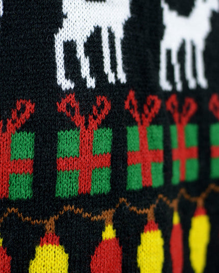 Black Christmas Sweater for Men with Trees, Reindeer, and Gifts
