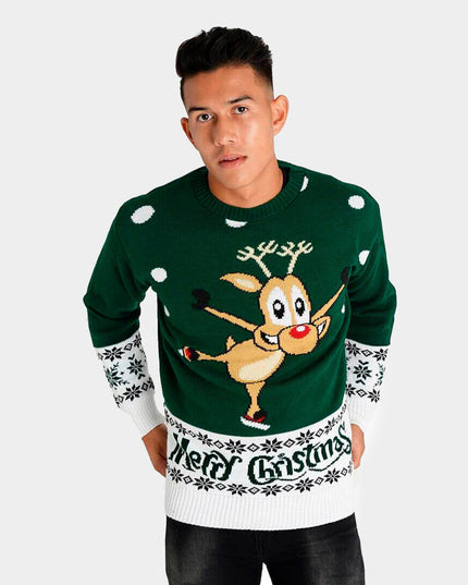 Green Christmas Sweater for Men with Skating Reindeer