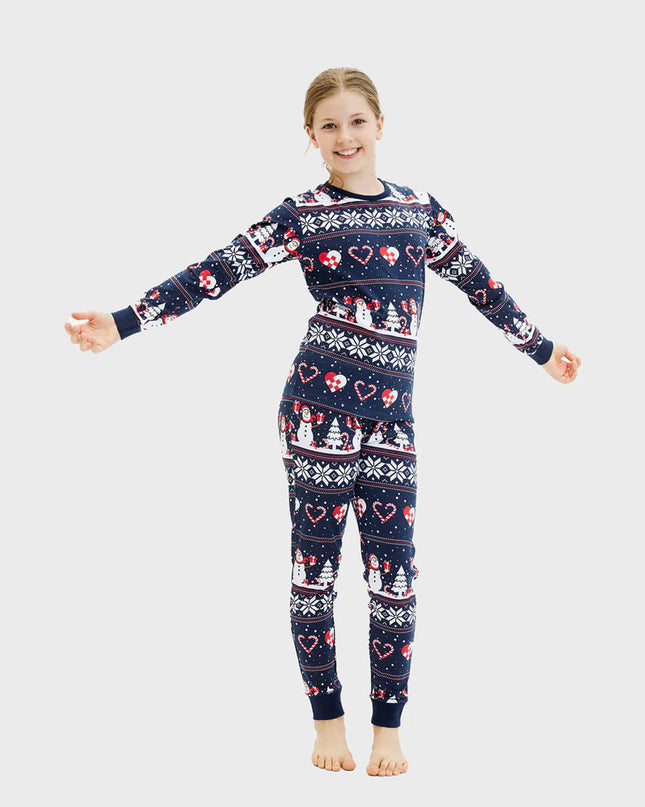 Kids Christmas Pajamas Blue with Snowmen and Hearts