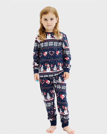 Kids Christmas Pajamas Blue with Snowmen and Hearts