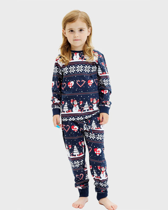 Kids Christmas Pajamas Blue with Snowmen and Hearts