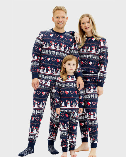 Kids Christmas Pajamas Blue with Snowmen and Hearts