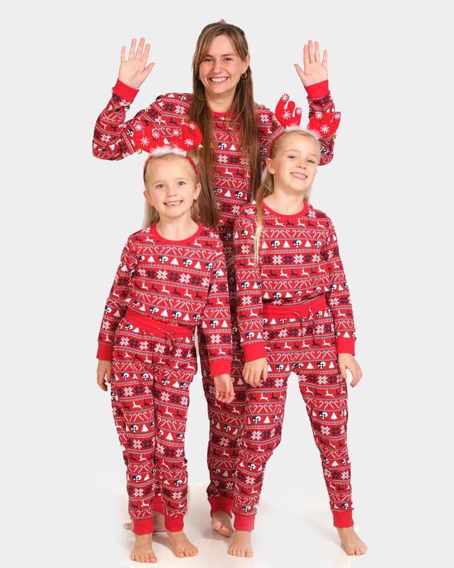 Kids Red Christmas Pajamas with Reindeer and Trees