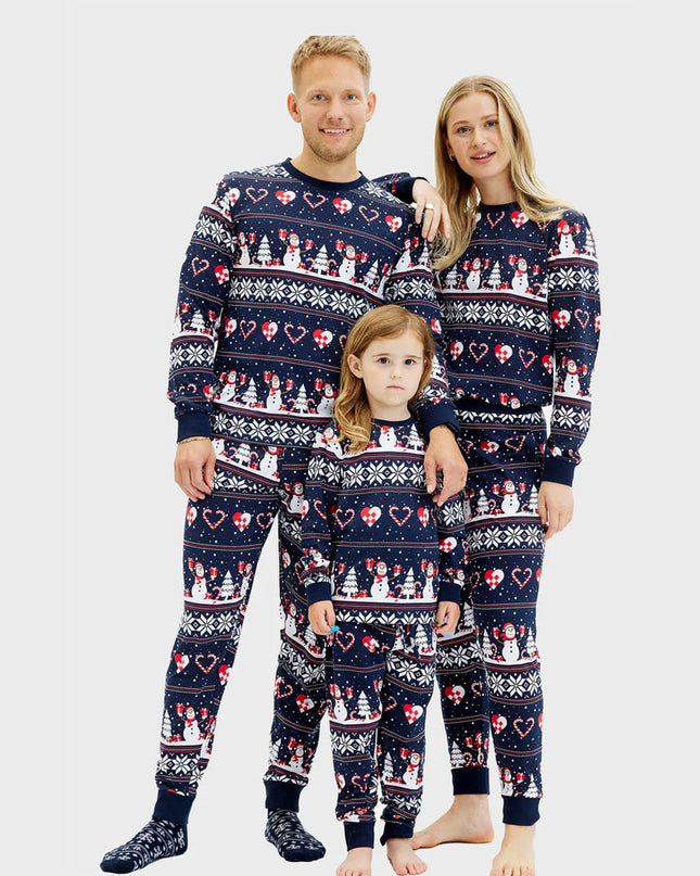 Family Blue Christmas Pajama with Snowmen and Hearts
