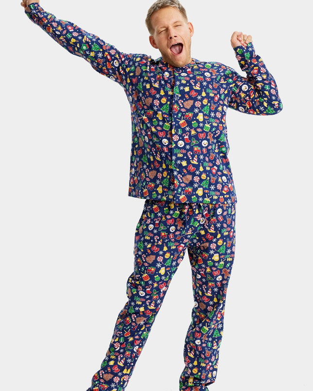 Family Christmas Pajamas in Blue with Holiday Patterns