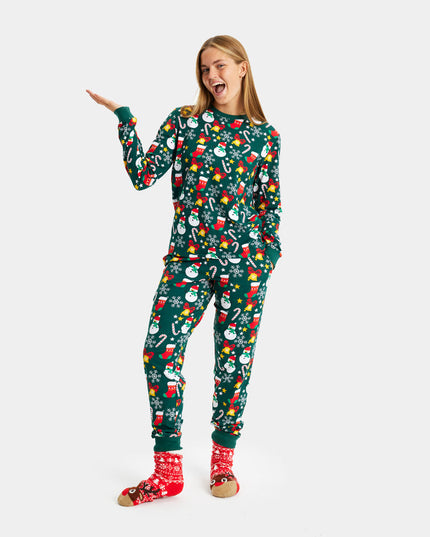 Family Christmas Pajamas in Green with Holiday Patterns