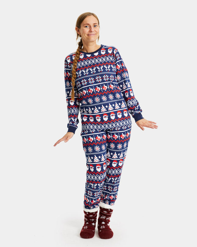 Unisex Blue Christmas Pajamas with Santa and Trees