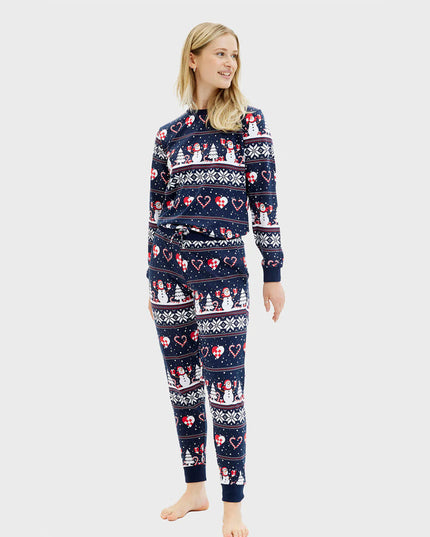 Unisex Adult Christmas Pajamas Blue with Snowmen and Hearts