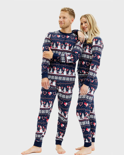Unisex Adult Christmas Pajamas Blue with Snowmen and Hearts