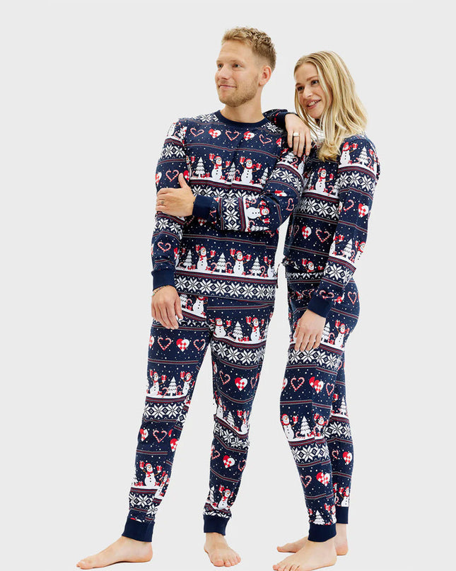 Unisex Adult Christmas Pajamas Blue with Snowmen and Hearts