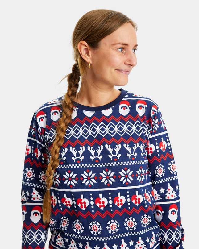 Unisex Blue Christmas Pajamas with Santa and Trees